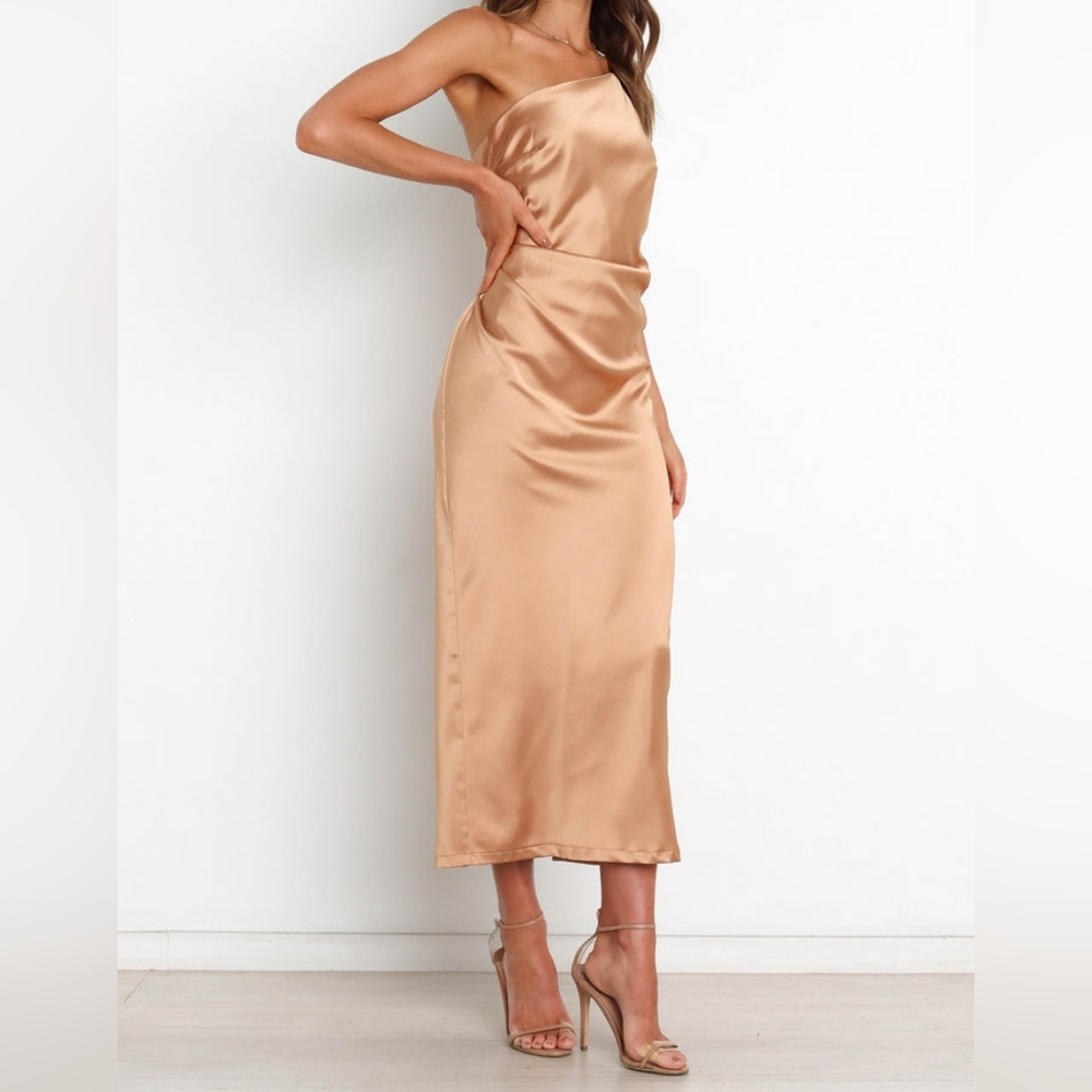 Petal & Pup Gold Luella Satin One Shoulder Draped Cocktail Midi Slip Dress SZ 2